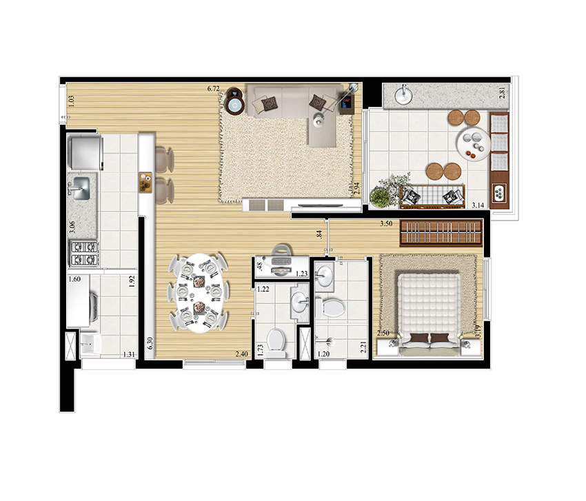 1 Suite e Sala Ampliada - 66,99 m²